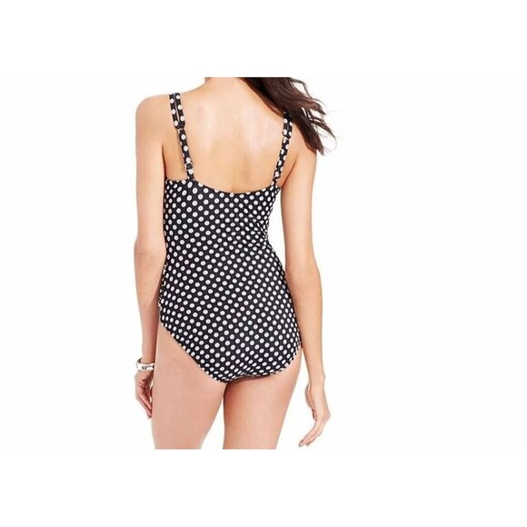 Swim Solutions Size 16 Ruched Tummy Control 1PC Swimsuit Black Gray Polka Dot - Picture 2 of 3
